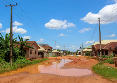 Houses by road against sky