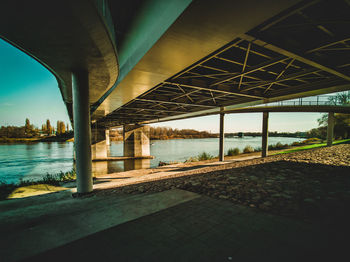 Bridge over river against sky in city