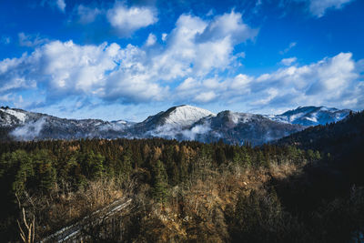 Scenic view of snowcapped mountains against sky