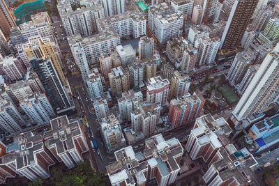 High angle view of modern buildings in city