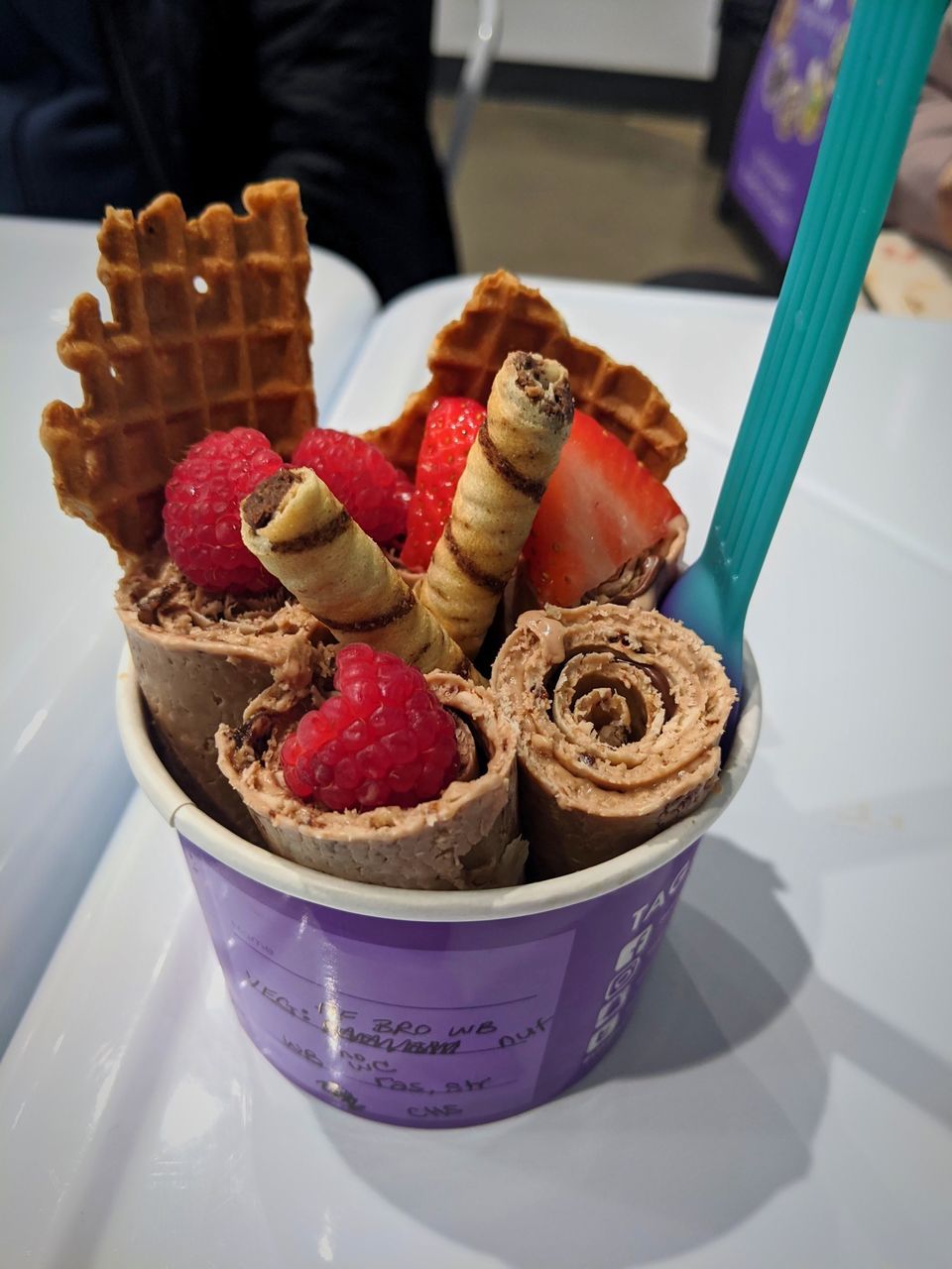 food, food and drink, ice cream, sweet food, sweet, dessert, meal, freshness, sweetness, unhealthy eating, frozen, frozen food, one person, dairy, breakfast, temptation, hand, holding, gelato, waffle, baked, indoors, cone, ice cream cone, berry, fruit, strawberry, fast food, close-up