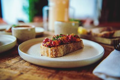 Close-up of food in plate on table