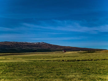 Man on field against blue sky