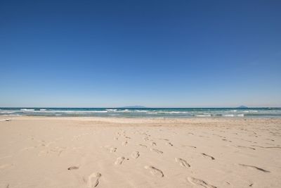 Scenic view of beach against clear blue sky