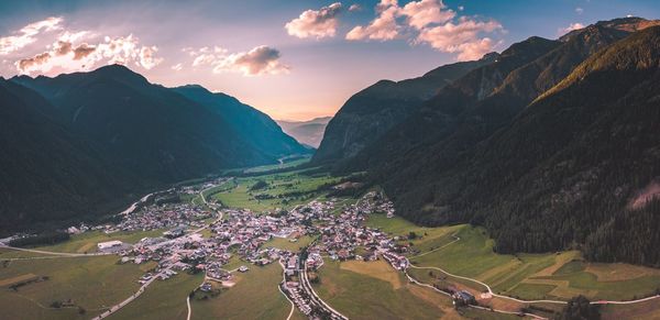 Panoramic view of mountains against sky during sunset