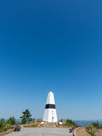 Building on field against clear blue sky