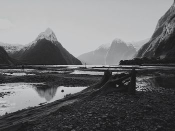 Scenic view of lake and mountains against clear sky