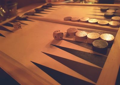 High angle view of coins on table