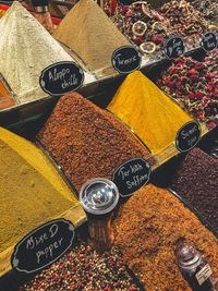 High angle view of text on display at market stall