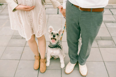 Low section of couple standing with dog on footpath