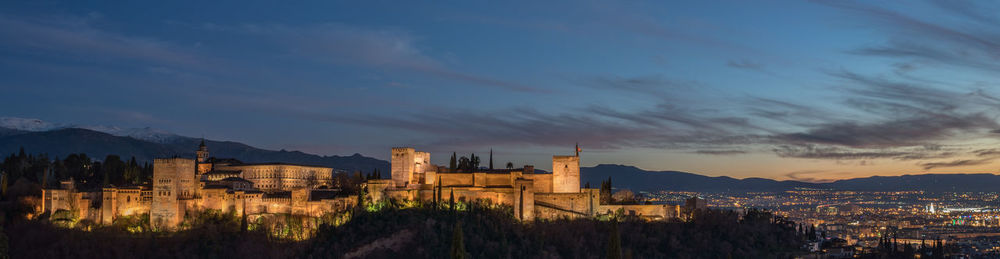 Buildings in city at sunset