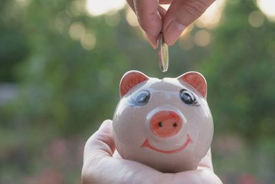 Close-up of person hand inserting coin in piggy bank while holding against trees