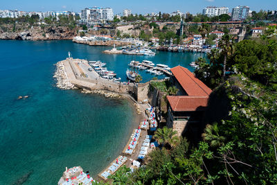 High angle view of boats in sea