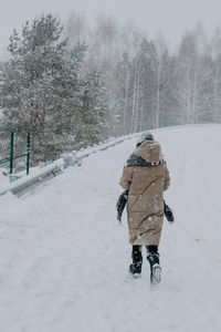 A woman walks in a field near the forest, in a very strong blizzard. lonely traveler in a blizzard