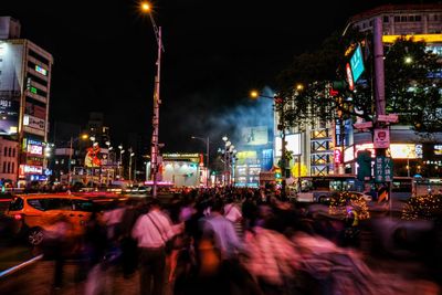 High angle view of city street at night