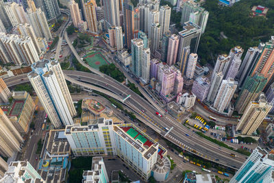 High angle view of street amidst buildings in city