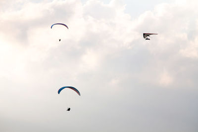Low angle view of silhouette people paragliding against sky