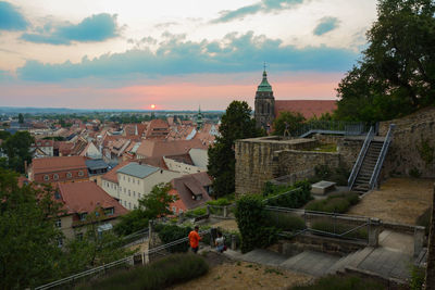 High angle view of townscape against sky during sunset