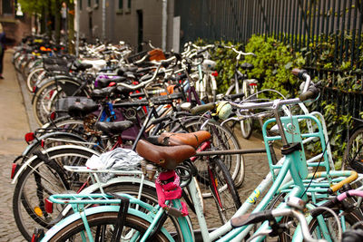 Bicycles parked on street in city