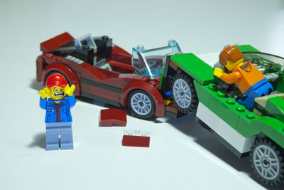Close-up of toy car against white background