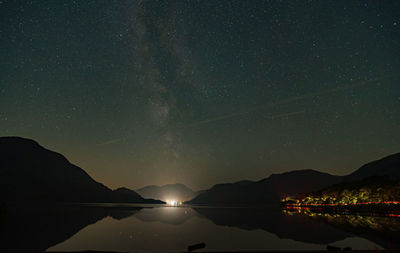 Scenic view of lake against sky at night