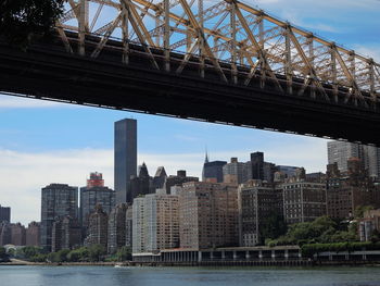 Bridge over river with buildings in background