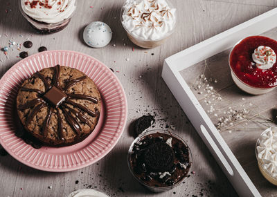 High angle view of cake in plate on table