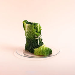 Close-up of food in plate against white background