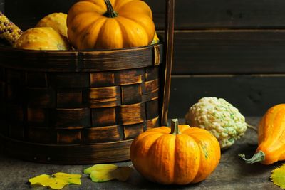 Close-up of pumpkins in basket
