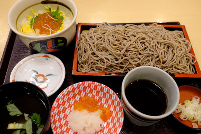 High angle view of breakfast on table