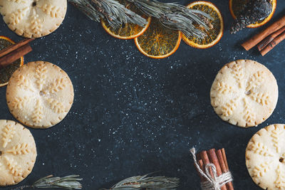 High angle view of sweet food with ingredients on table