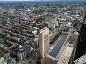 High angle view of modern buildings in city