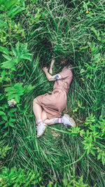 High angle view of woman lying on field