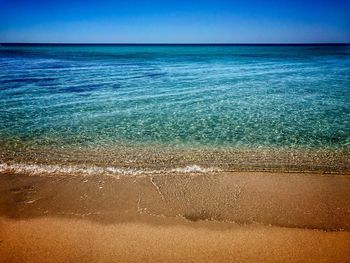 Scenic view of sea against clear blue sky