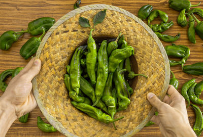 High angle view of vegetables in basket on table