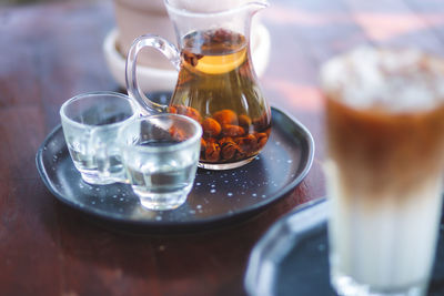 Drink hot tea in a beautifully prepared glass jug ready to serve.