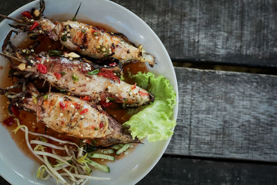 High angle view of food in plate on table