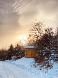 Bare trees on snow covered field against sky during sunset