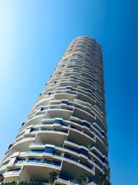 Low angle view of modern building against clear blue sky