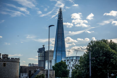 Low angle view of buildings against cloudy sky