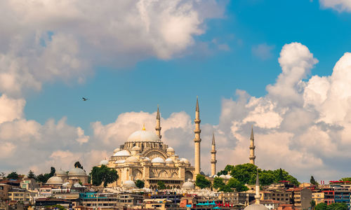 Panoramic view of buildings against cloudy sky