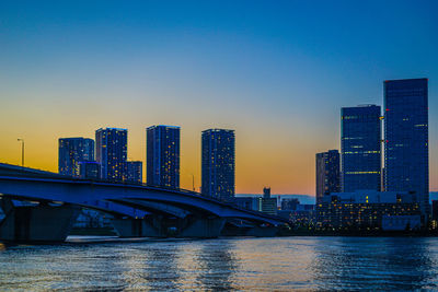 Bridge over river by buildings against clear sky