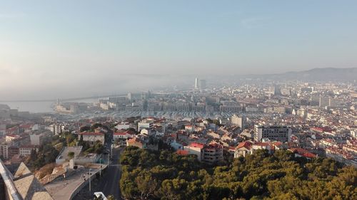 High angle view of cityscape against sky