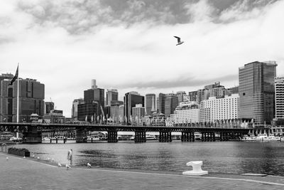 View of city buildings against cloudy sky