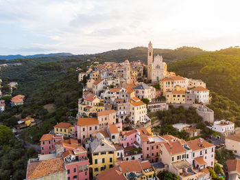 High angle view of townscape against sky in city