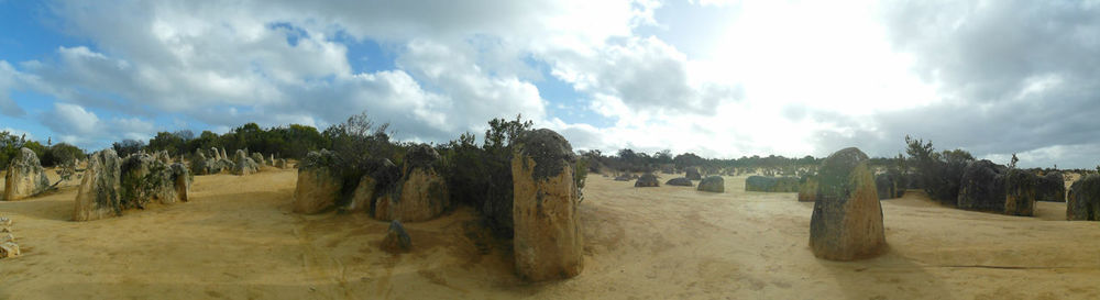 Panoramic view of agricultural field against sky