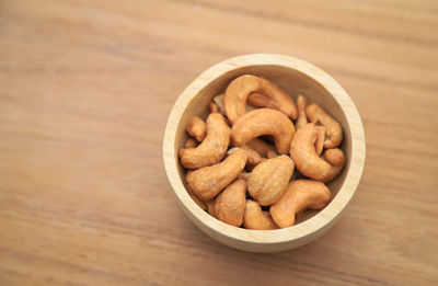 High angle view of bread in bowl on table