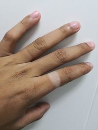 Close-up of hands over white background