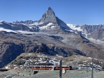 Scenic view of snowcapped mountains against clear sky