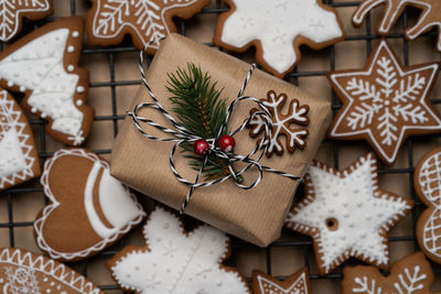 High angle view of christmas decorations on table